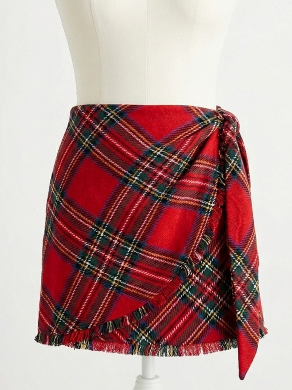 Judith March Stewart Tartan Plaid Faux Wrap Mini Skirt Fringe Hemline Size M